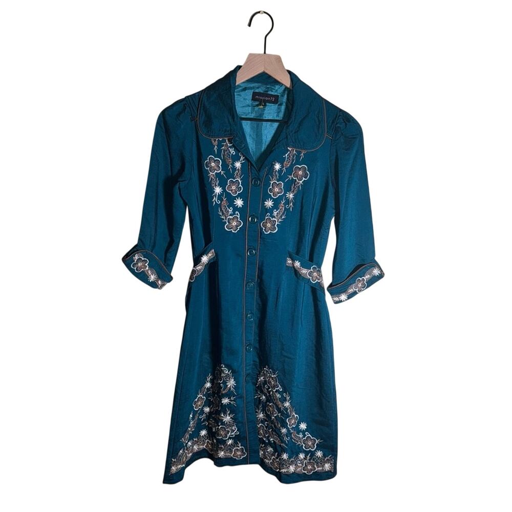 MISSION 72 western cowgirl rodeo style teak embroidered shirt dress with belt S